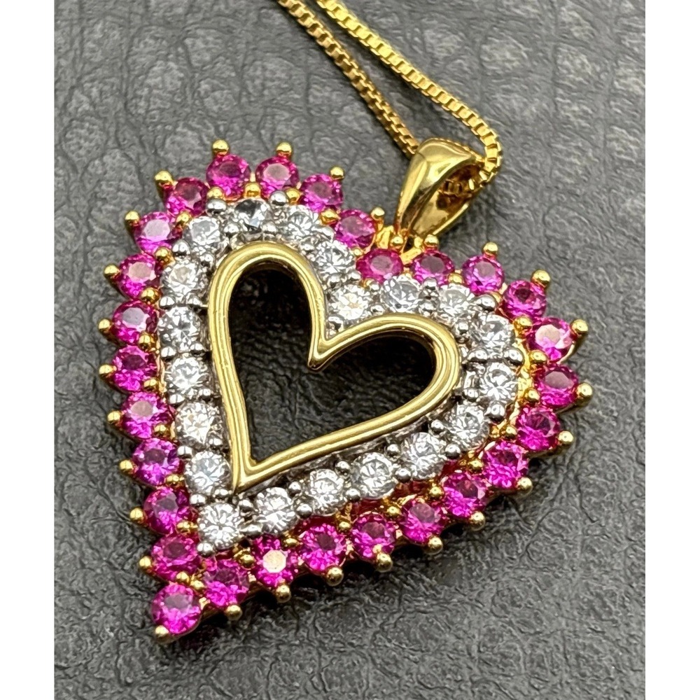 Signed BR Lab Ruby Pink Heart Pendant Necklace Gold Plated 18" Chain